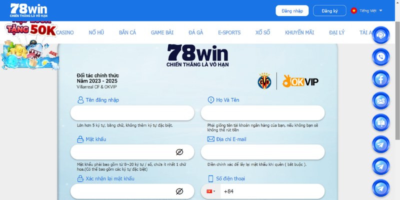 Chỉ cách tạo tài khoản thành công tại 78win